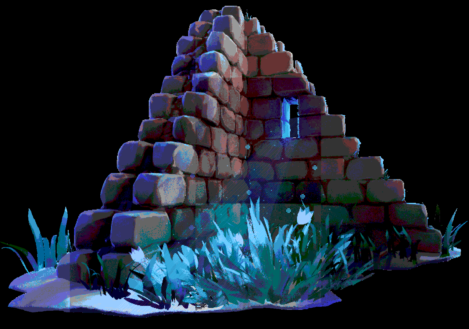 a compressed, pixellated illustration of a corner of a dilapidated wall overgrown with foliage and flowers. moonlight shines through the window
